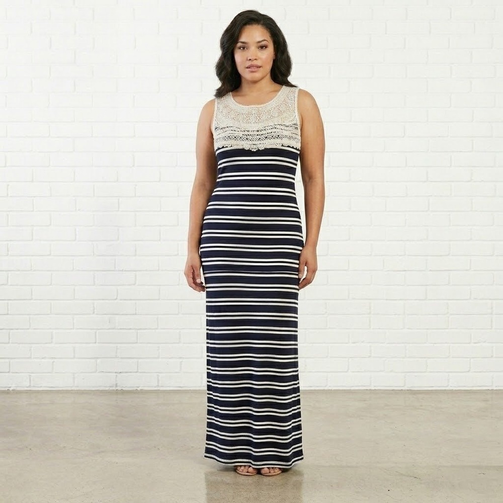 Suzy Shier Maxi Dress Womens Medium Blue White Striped Crochet Lace 90s Vacation